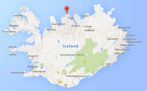 Map of Iceland showing Siglufjörður in the north
