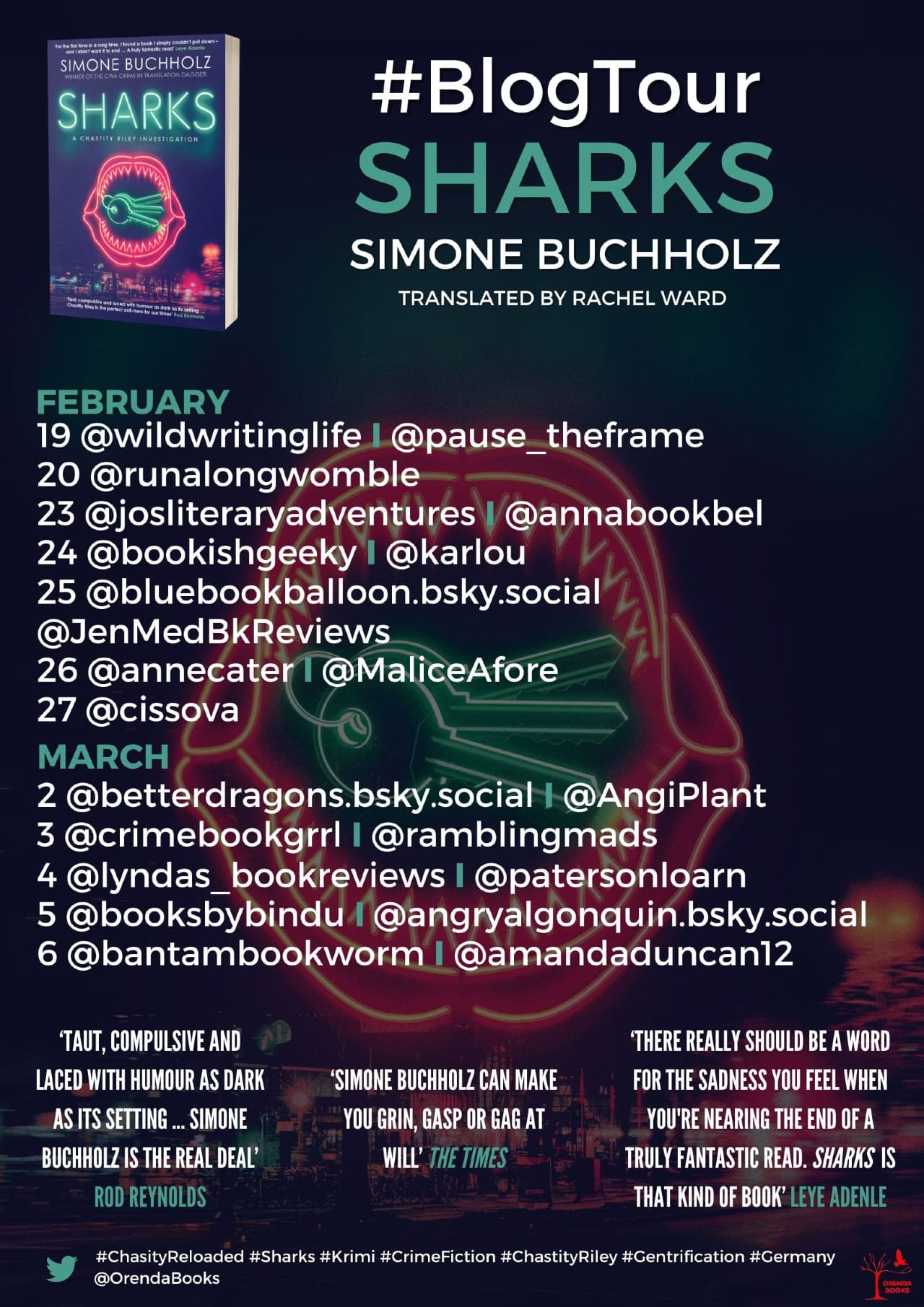 Blog tour poster for Simone Buchholz' "Sharks"